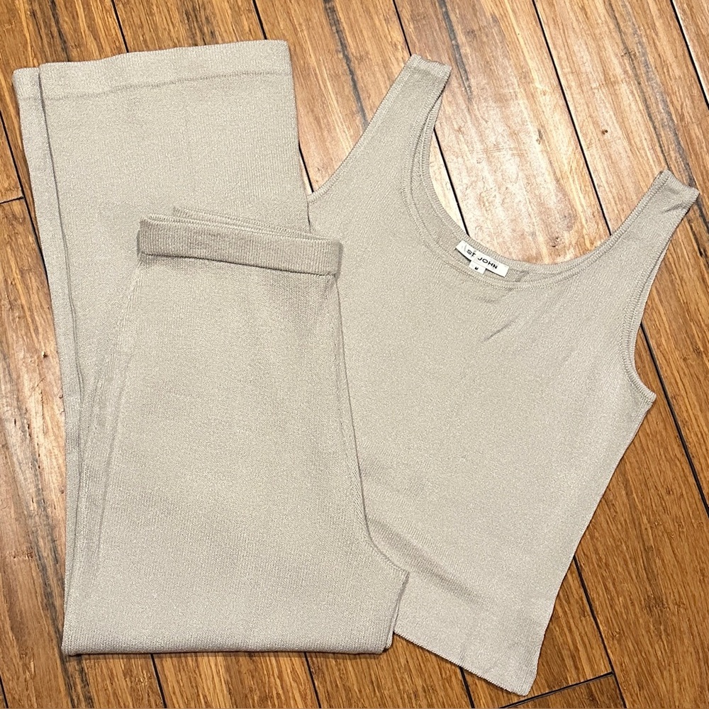 St. John 10 M Taupe Wool Santana Knit Set Tank Top Pant Set